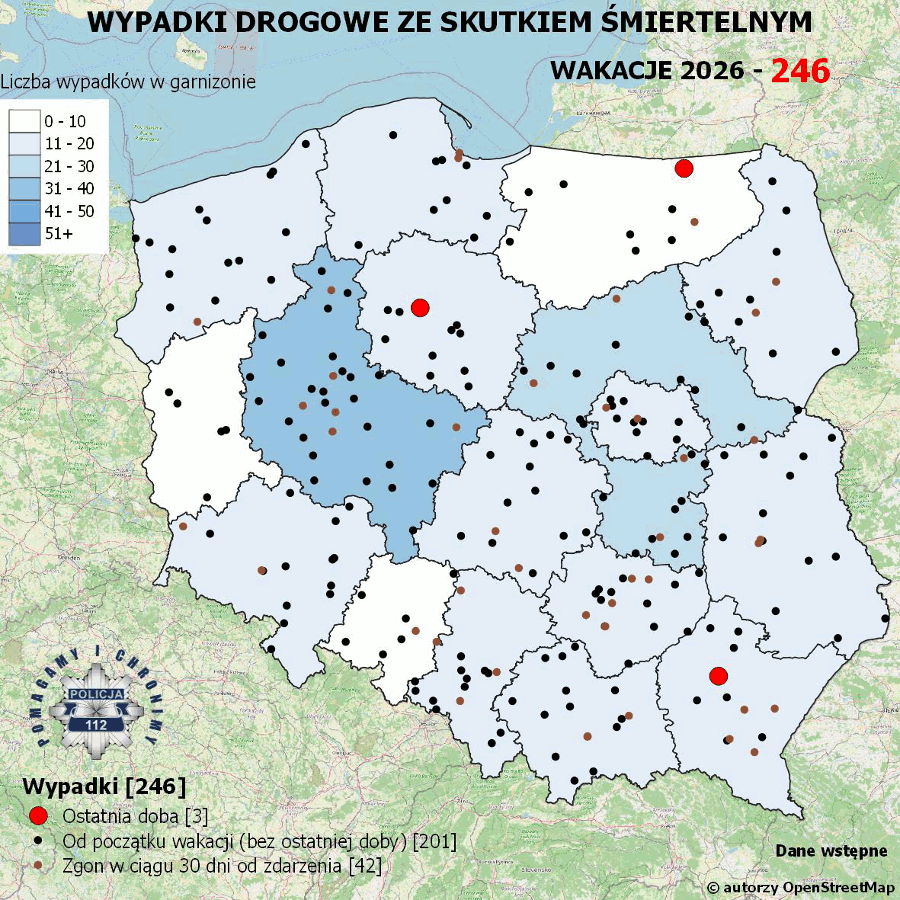Mapa prezentująca liczbę wypadków poprzedniej doby w Polsce. Prezentowane dane są dostępne w tekście poniżej.